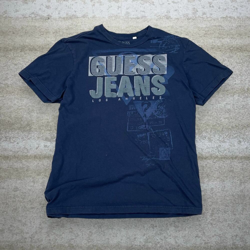 Vintage Y2K Guess Jeans Shirt Mens XL Navy Blue Cotton Short Sleeve Grey - Picture 1 of 4